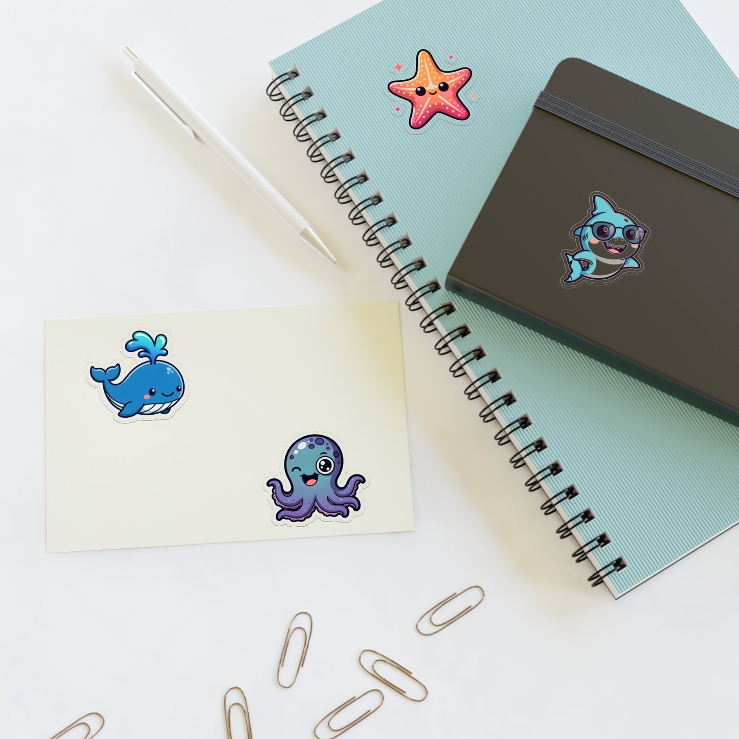 Chibi Sea Friends Sticker Sheet — Whale, Shark, Starfish & Octopus