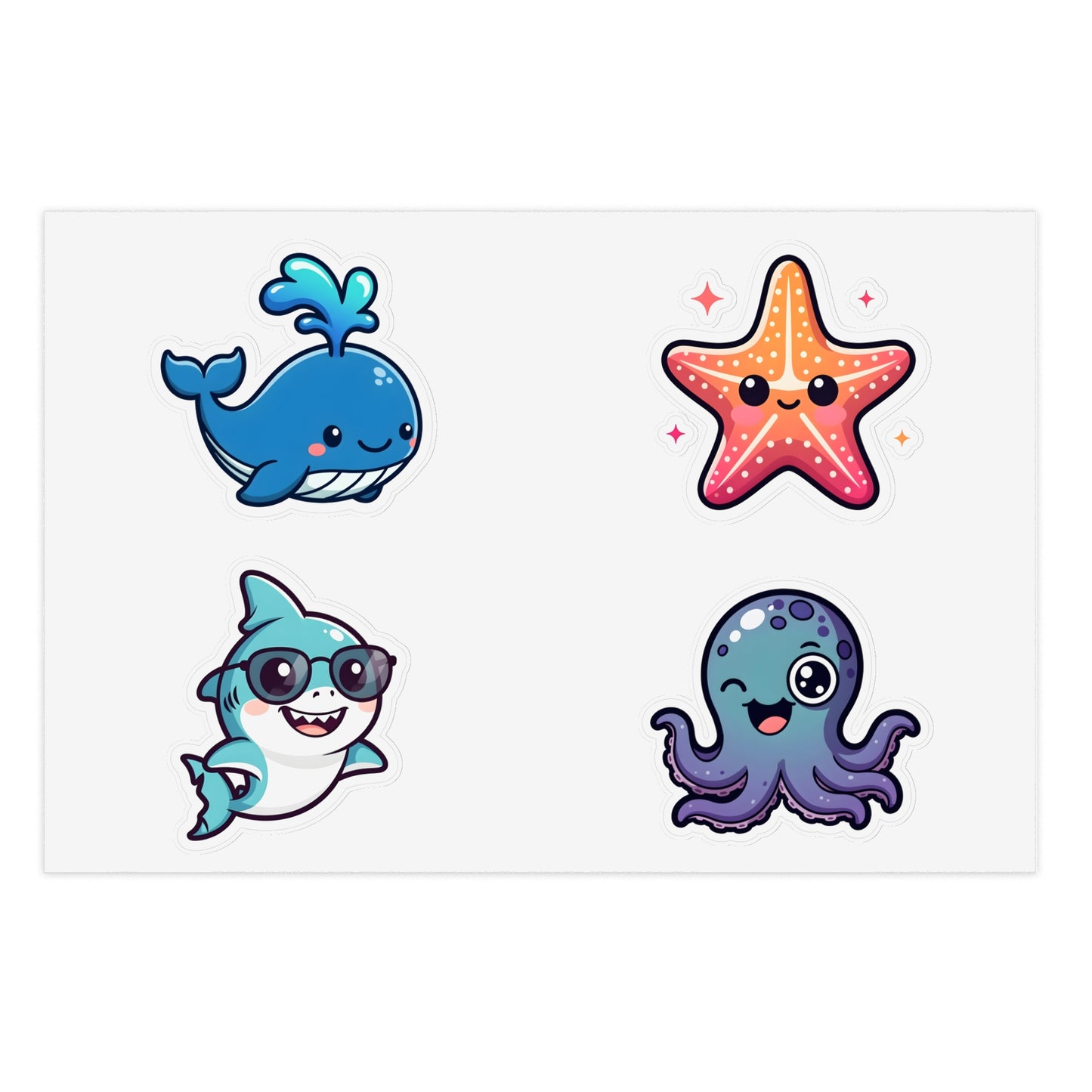 Chibi Sea Friends Sticker Sheet — Whale, Shark, Starfish & Octopus