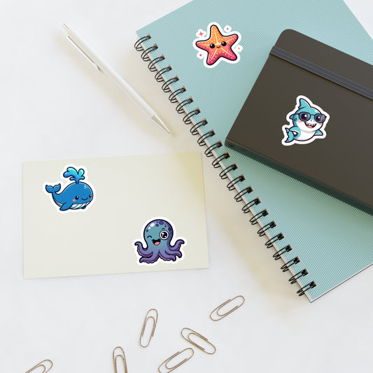 Chibi Sea Friends Sticker Sheet — Whale, Shark, Starfish & Octopus
