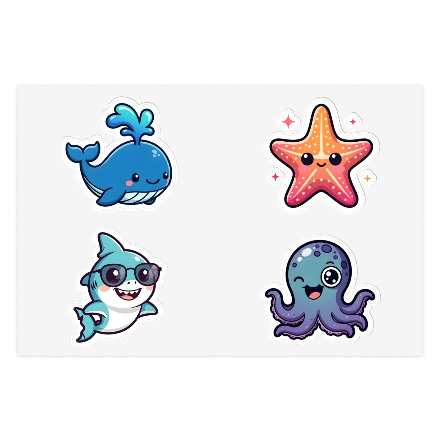 Chibi Sea Friends Sticker Sheet — Whale, Shark, Starfish & Octopus