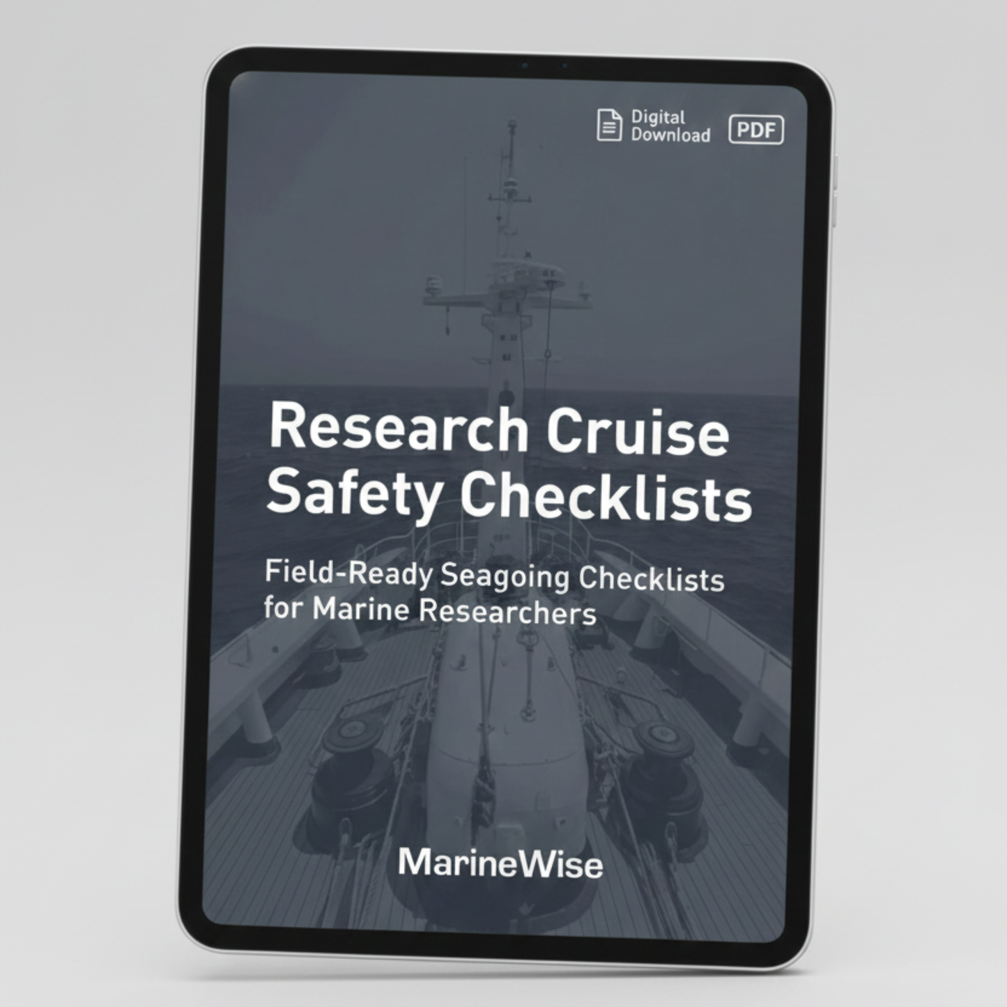Digital download of 'Research Cruise Safety Checklists' by MarineWise on a tablet screen.