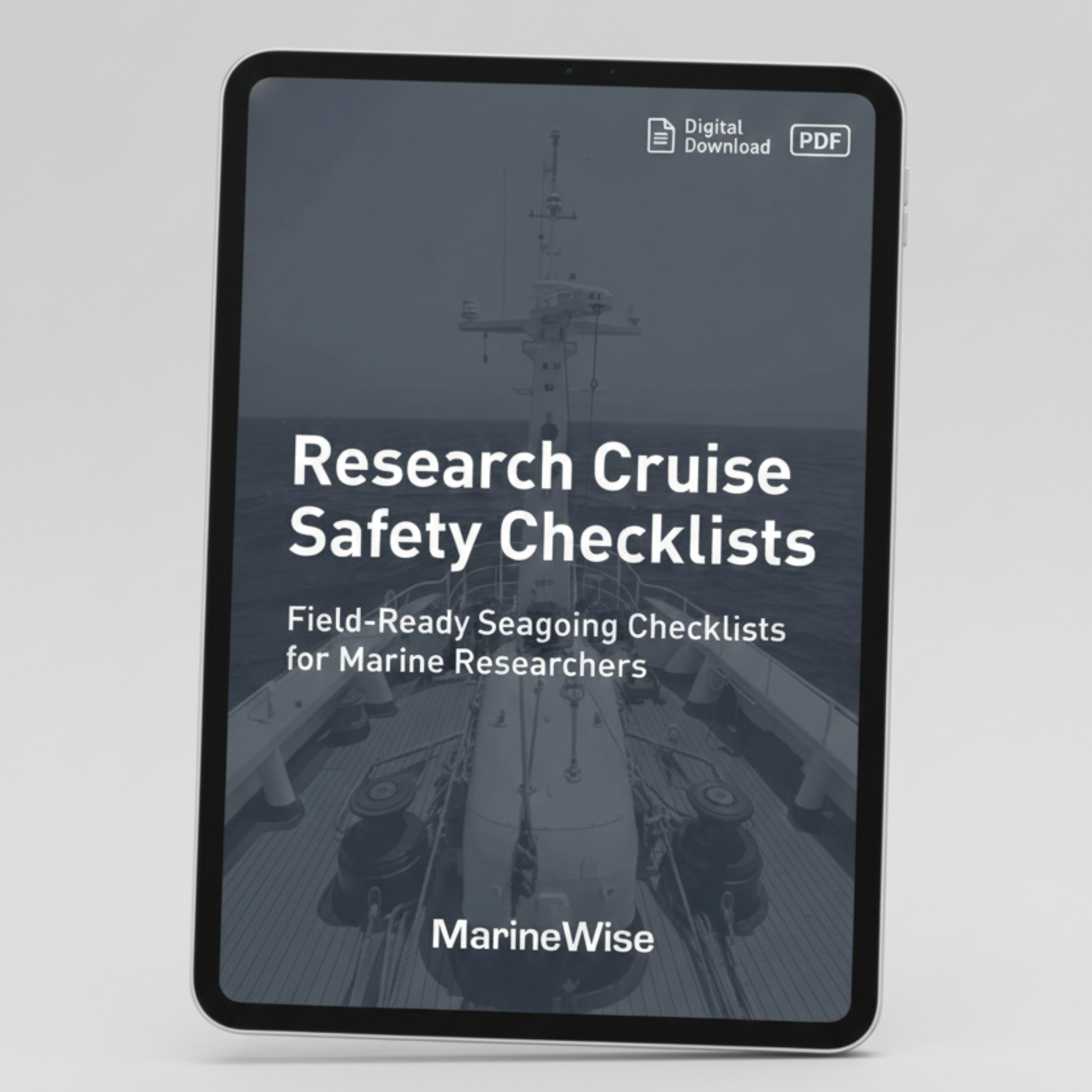 Digital download of 'Research Cruise Safety Checklists' by MarineWise on a tablet screen.