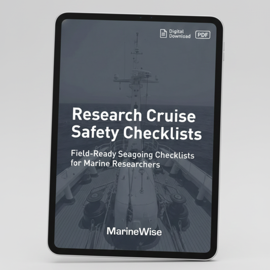Digital download of 'Research Cruise Safety Checklists' by MarineWise on a tablet screen.