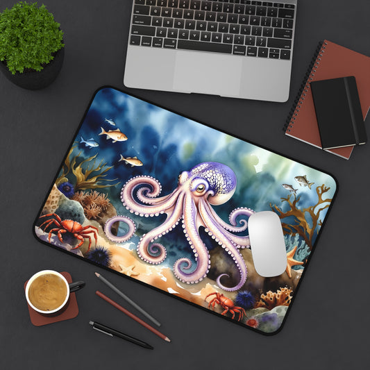 Octopus desk mat with underwater ocean scene and sea life illustration for marine themed workspace
