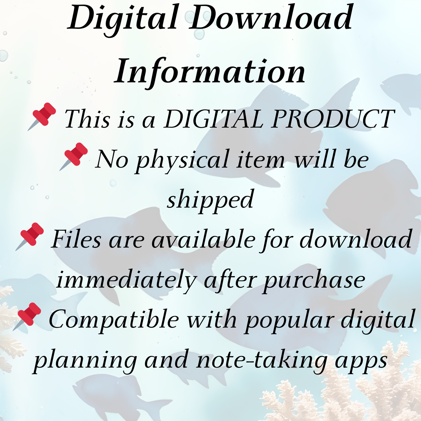 Digital download information text with fish illustrations on a light blue background