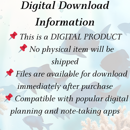 Digital download information text with fish illustrations on a light blue background