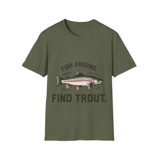 Fishing t-shirt with hand-drawn trout illustration and fishing quote for outdoor enthusiasts
