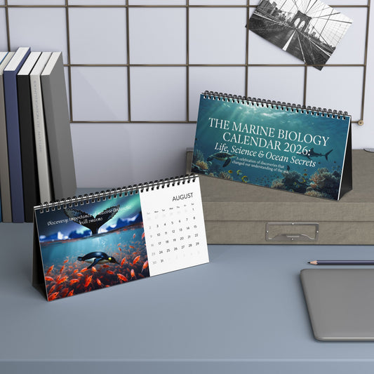 Marine biology desktop calendar 2026 with ocean creatures and coral reef illustrations on desk stand
