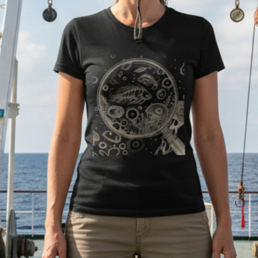 Marine biology t-shirt with microscopic plankton and diatoms illustration on soft cotton tee for science lovers
