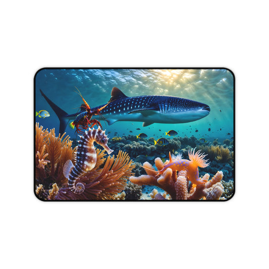 Underwater reef desk mat with whale shark and seahorse ocean scene for marine themed workspace

